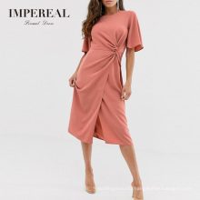 Round Neck Knot At Side Angel Sleeve Cloth Midi Dresses Women